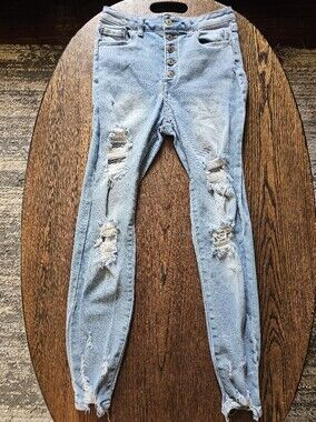 Wax Jean Light Blue Distressed Button Fly Skinny Jeans Size Juniors 7